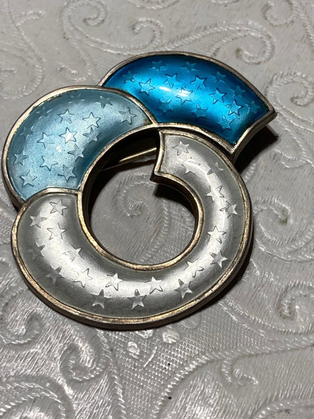 J Tostrup 925S Sterling White Blue on Blue Enamel Brooch Pin Guilloche Gilded